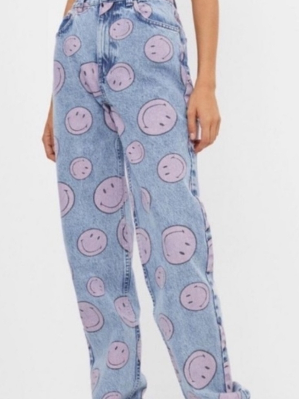 Bershka Y2K 80s 90s Denim Jeans with Pink Smiley Faces - size 2 - Rare & Retro!!